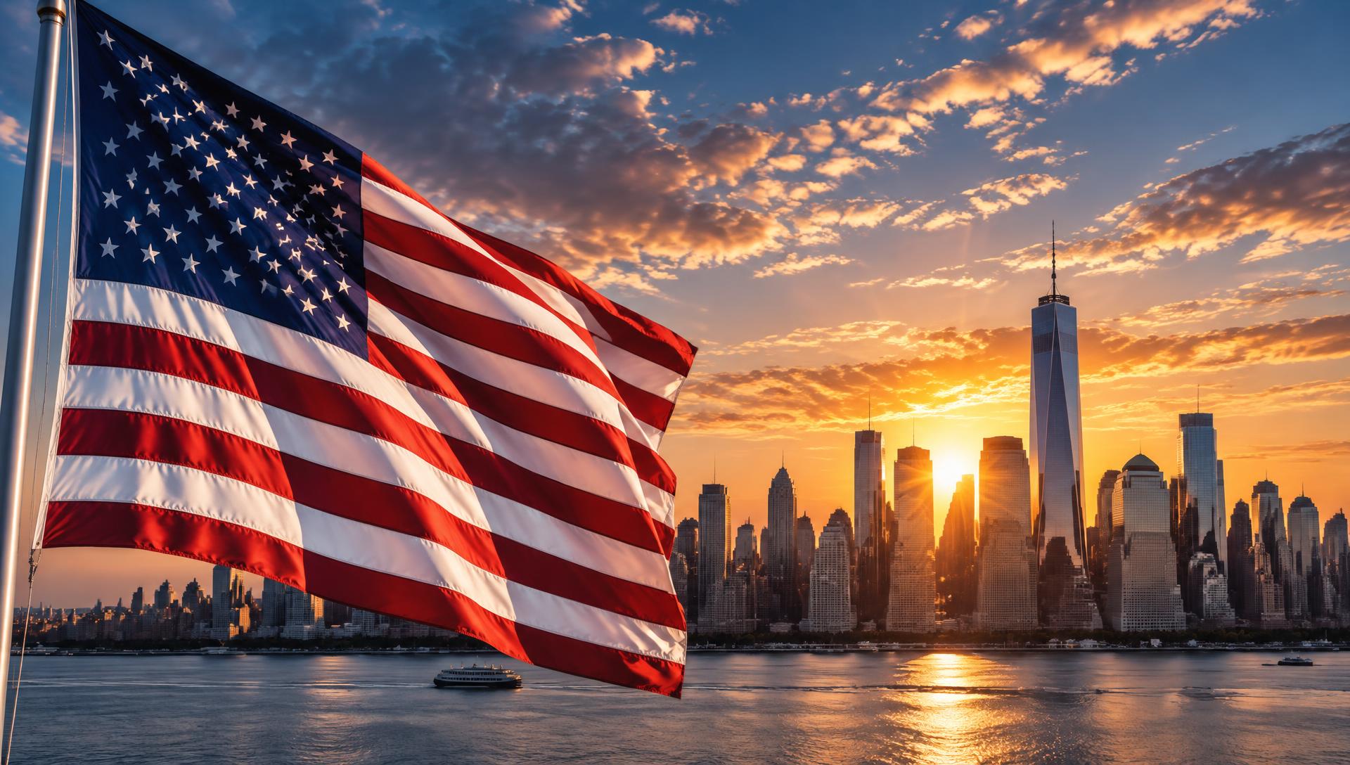 American flag beside a US city skyline at sunrise